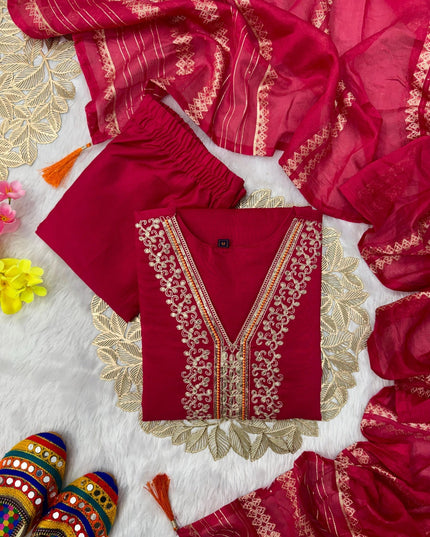 Designer Kurti Pant Dupatta Set | Vatican Silk with Embroidery & Sequin Work - Rosepetals Luxe