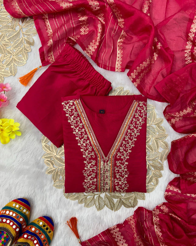 Designer Kurti Pant Dupatta Set | Vatican Silk with Embroidery & Sequin Work - Rosepetals Luxe