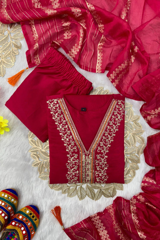 Designer Kurti Pant Dupatta Set | Vatican Silk with Embroidery & Sequin Work - Rosepetals Luxe