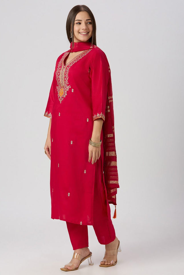 Designer Kurti Pant Dupatta Set | Vatican Silk with Embroidery & Sequin Work - Rosepetals Luxe