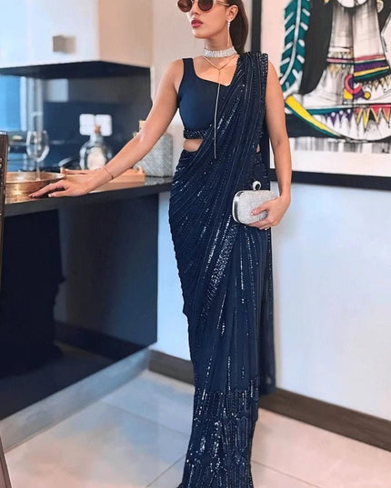 Designer Navy Blue Georgette Sequin Saree with Japan Satin Blouse Piece - Rosepetals Luxe