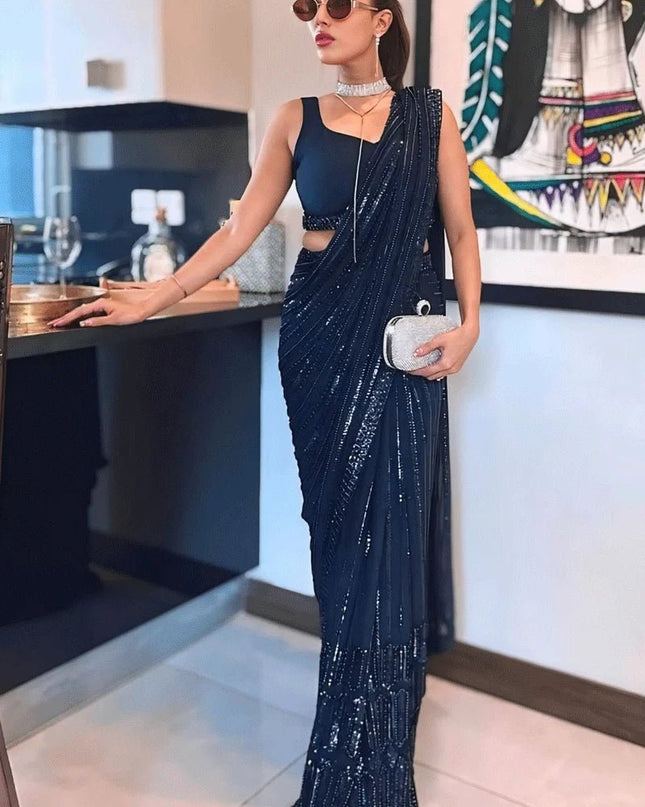 Designer Navy Blue Georgette Sequin Saree with Japan Satin Blouse Piece - Rosepetals Luxe