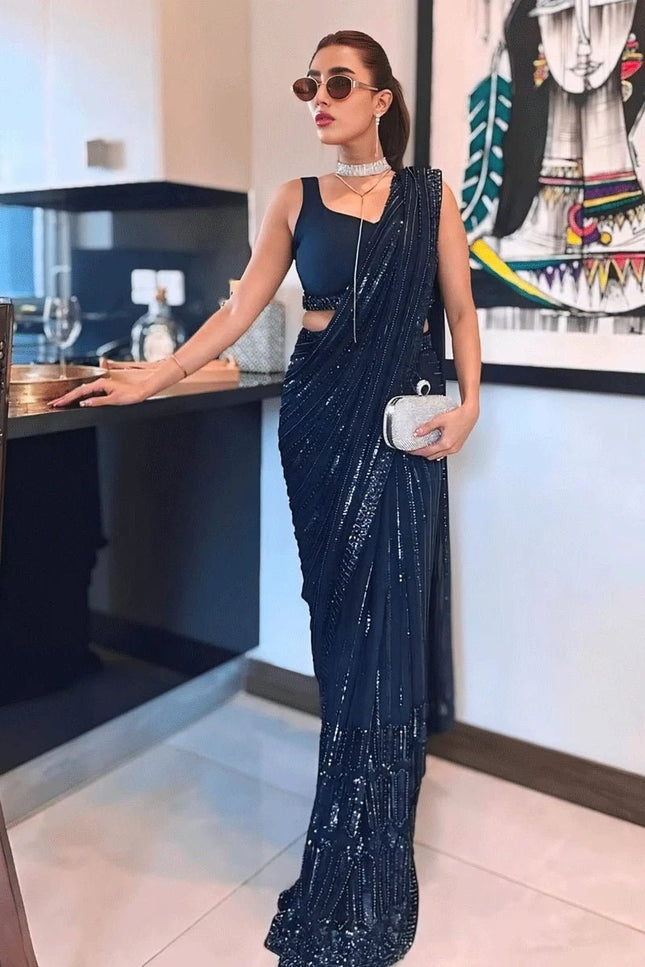 Designer Navy Blue Georgette Sequin Saree with Japan Satin Blouse Piece - Rosepetals Luxe