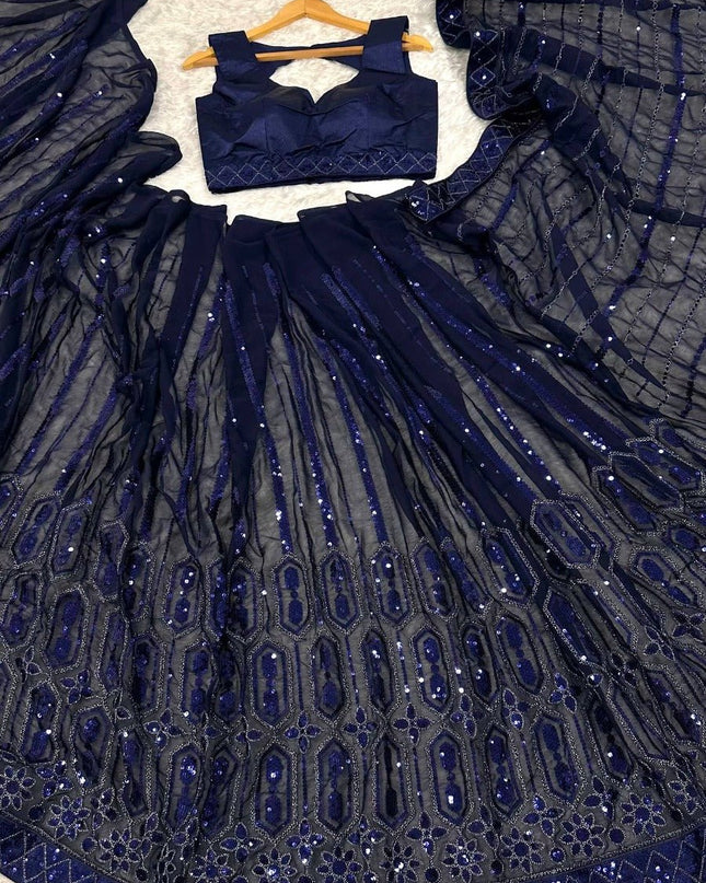 Designer Navy Blue Georgette Sequin Saree with Japan Satin Blouse Piece - Rosepetals Luxe