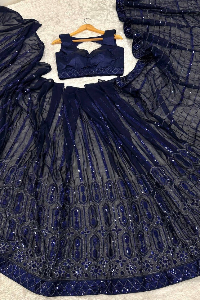 Designer Navy Blue Georgette Sequin Saree with Japan Satin Blouse Piece - Rosepetals Luxe