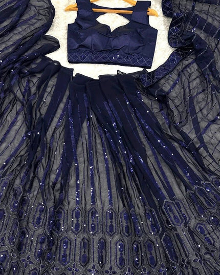 Designer Navy Blue Georgette Sequin Saree with Japan Satin Blouse Piece - Rosepetals Luxe