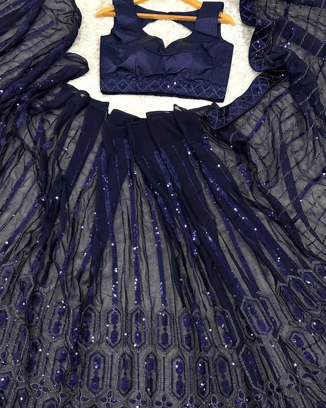 Designer Navy Blue Georgette Sequin Saree with Japan Satin Blouse Piece - Rosepetals Luxe