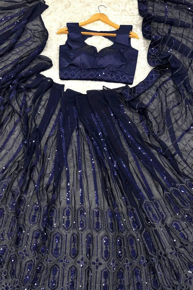 Designer Navy Blue Georgette Sequin Saree with Japan Satin Blouse Piece - Rosepetals Luxe