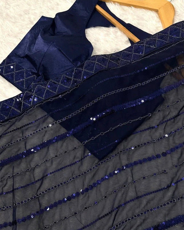 Designer Navy Blue Georgette Sequin Saree with Japan Satin Blouse Piece - Rosepetals Luxe