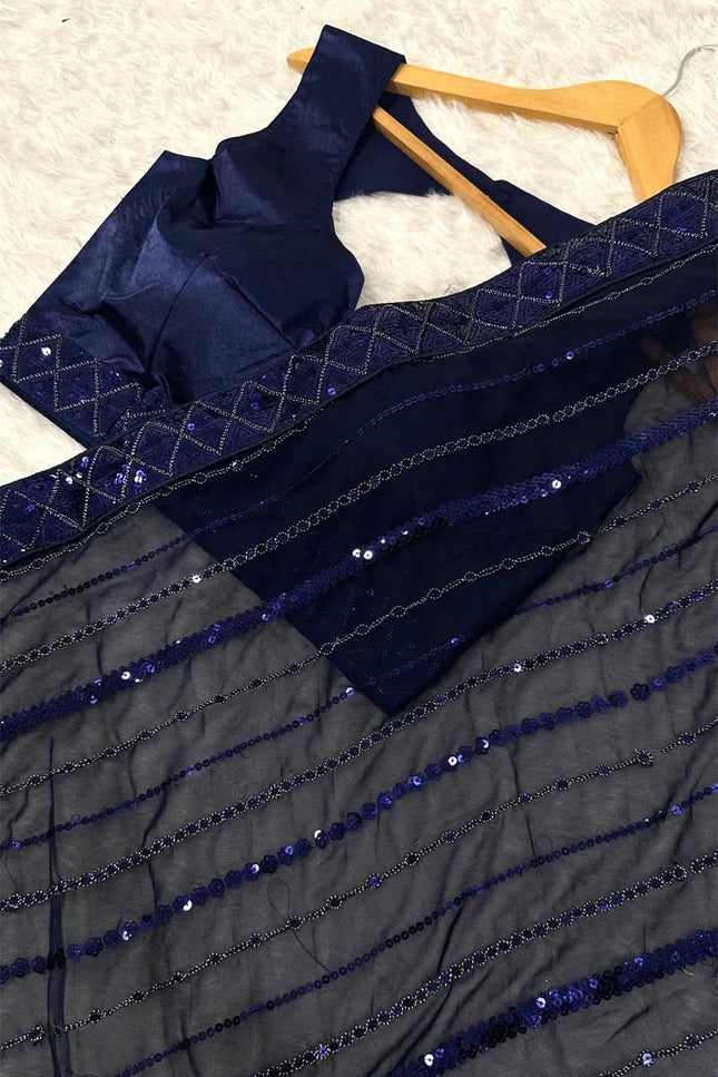 Designer Navy Blue Georgette Sequin Saree with Japan Satin Blouse Piece - Rosepetals Luxe
