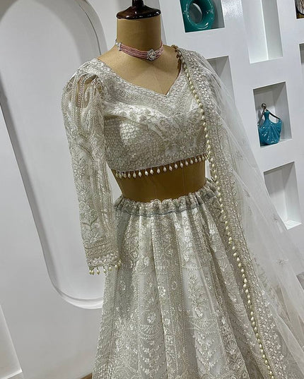 Designer Net Lehenga Choli | Sequins, Dori & Thread Work | Pearl Border with Can-Can - Rosepetals Luxe