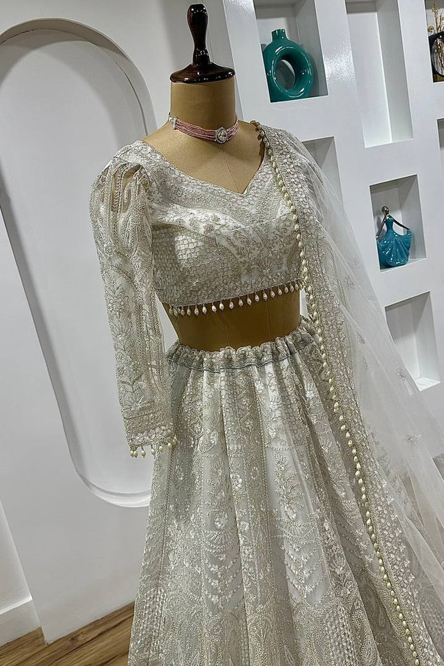 Designer Net Lehenga Choli | Sequins, Dori & Thread Work | Pearl Border with Can-Can - Rosepetals Luxe