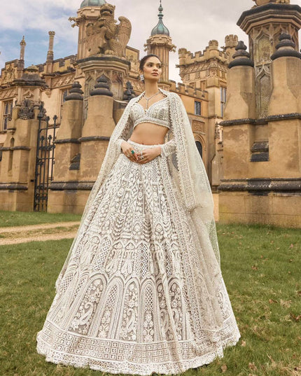 Designer Net Lehenga Choli | Sequins, Dori & Thread Work | Pearl Border with Can-Can - Rosepetals Luxe