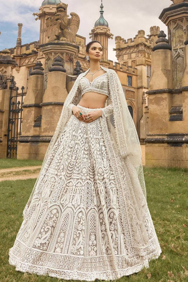 Designer Net Lehenga Choli | Sequins, Dori & Thread Work | Pearl Border with Can-Can - Rosepetals Luxe