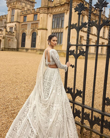 Designer Net Lehenga Choli | Sequins, Dori & Thread Work | Pearl Border with Can-Can - Rosepetals Luxe