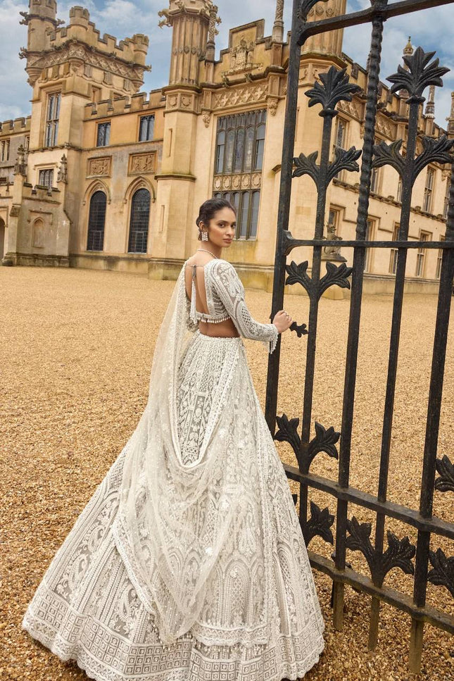 Designer Net Lehenga Choli | Sequins, Dori & Thread Work | Pearl Border with Can-Can - Rosepetals Luxe