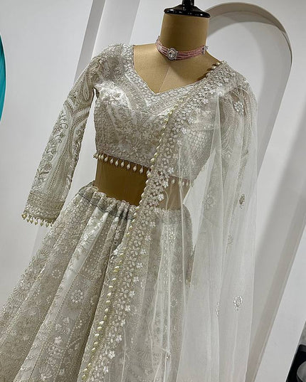 Designer Net Lehenga Choli | Sequins, Dori & Thread Work | Pearl Border with Can-Can - Rosepetals Luxe