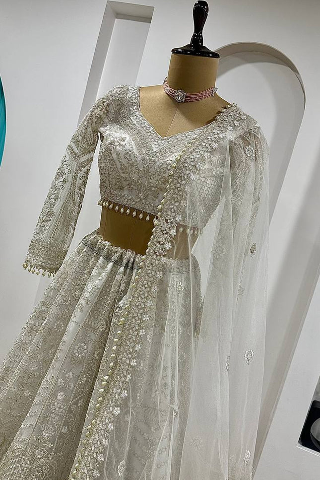 Designer Net Lehenga Choli | Sequins, Dori & Thread Work | Pearl Border with Can-Can - Rosepetals Luxe