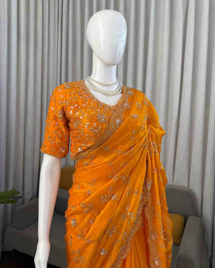 Designer Orange Fendi Silk Saree | Heavy Bead & Sequin Work | Bridal & Festive Wear - Rosepetals Luxe