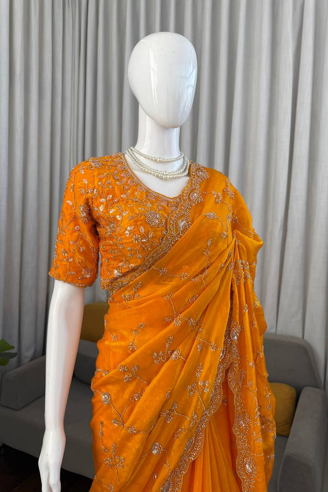 Designer Orange Fendi Silk Saree | Heavy Bead & Sequin Work | Bridal & Festive Wear - Rosepetals Luxe