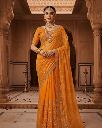 Designer Orange Fendi Silk Saree | Heavy Bead & Sequin Work | Bridal & Festive Wear - Rosepetals Luxe