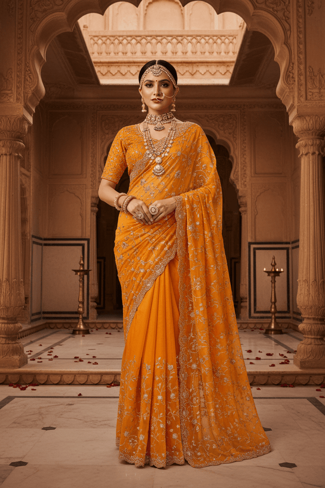 Designer Orange Fendi Silk Saree | Heavy Bead & Sequin Work | Bridal & Festive Wear - Rosepetals Luxe
