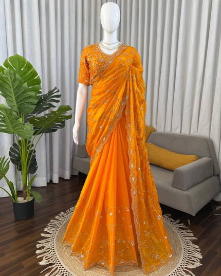 Designer Orange Fendi Silk Saree | Heavy Bead & Sequin Work | Bridal & Festive Wear - Rosepetals Luxe