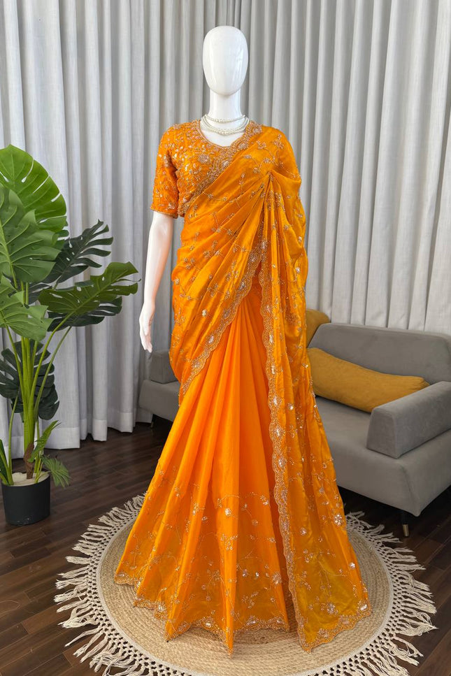 Designer Orange Fendi Silk Saree | Heavy Bead & Sequin Work | Bridal & Festive Wear - Rosepetals Luxe
