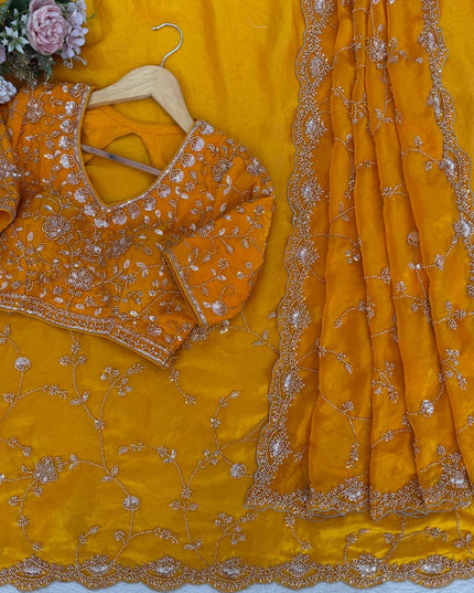Designer Orange Fendi Silk Saree | Heavy Bead & Sequin Work | Bridal & Festive Wear - Rosepetals Luxe