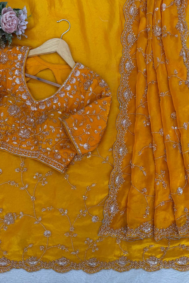 Designer Orange Fendi Silk Saree | Heavy Bead & Sequin Work | Bridal & Festive Wear - Rosepetals Luxe