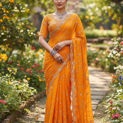 Designer Orange Fendi Silk Saree | Heavy Bead & Sequin Work | Bridal & Festive Wear - Rosepetals Luxe