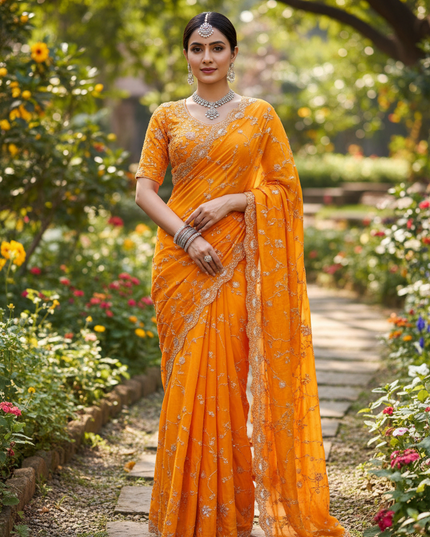 Designer Orange Fendi Silk Saree | Heavy Bead & Sequin Work | Bridal & Festive Wear - Rosepetals Luxe