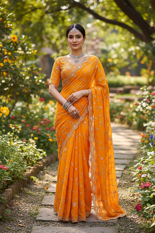 Designer Orange Fendi Silk Saree | Heavy Bead & Sequin Work | Bridal & Festive Wear - Rosepetals Luxe