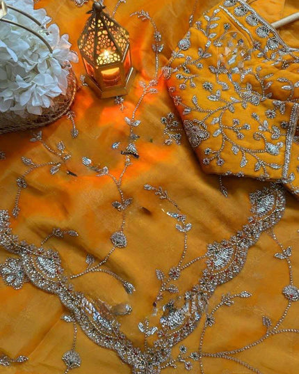 Designer Orange Fendi Silk Saree | Heavy Bead & Sequin Work | Bridal & Festive Wear - Rosepetals Luxe
