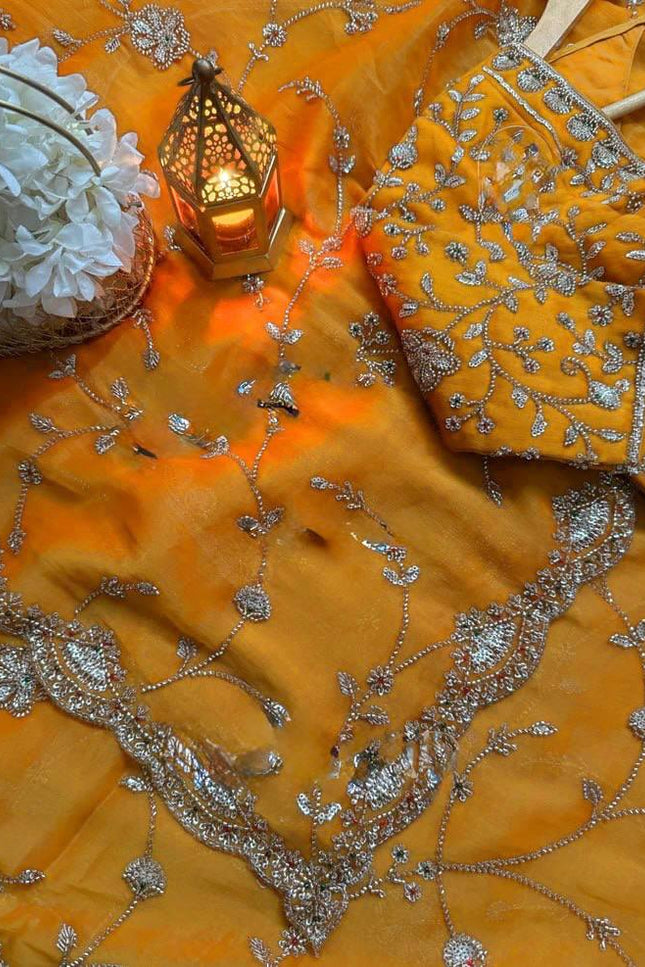 Designer Orange Fendi Silk Saree | Heavy Bead & Sequin Work | Bridal & Festive Wear - Rosepetals Luxe