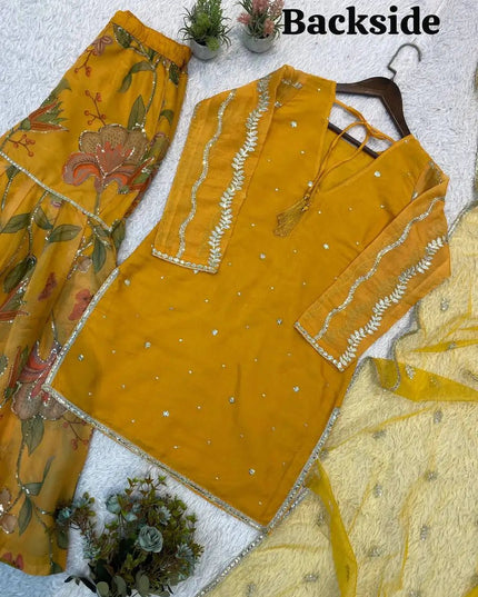 Designer Organza Sharara Suit Set with Sequin Embroidery & Butterfly Net Dupatta | Yellow - Rosepetals Luxe