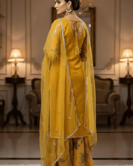 Designer Organza Sharara Suit Set with Sequin Embroidery & Butterfly Net Dupatta | Yellow - Rosepetals Luxe