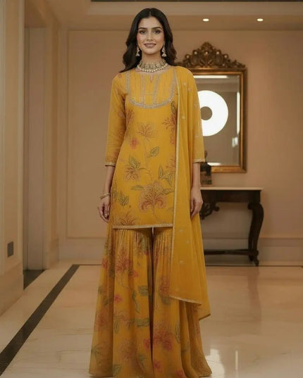 Designer Organza Sharara Suit Set with Sequin Embroidery & Butterfly Net Dupatta | Yellow - Rosepetals Luxe
