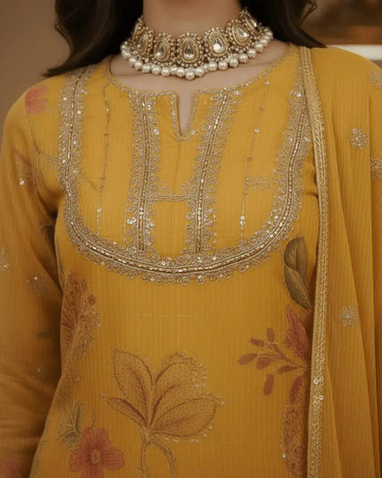 Designer Organza Sharara Suit Set with Sequin Embroidery & Butterfly Net Dupatta | Yellow - Rosepetals Luxe