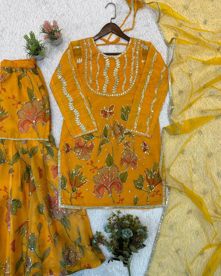 Designer Organza Sharara Suit Set with Sequin Embroidery & Butterfly Net Dupatta | Yellow - Rosepetals Luxe
