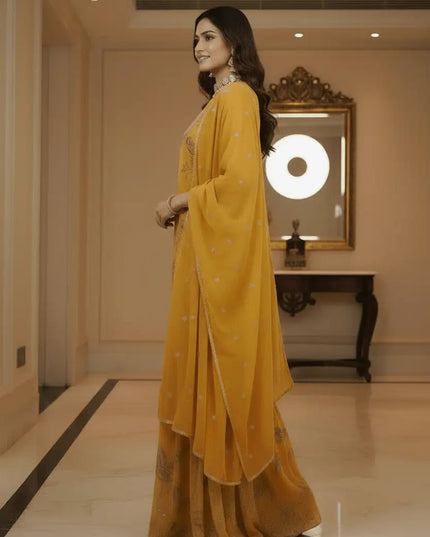 Designer Organza Sharara Suit Set with Sequin Embroidery & Butterfly Net Dupatta | Yellow - Rosepetals Luxe