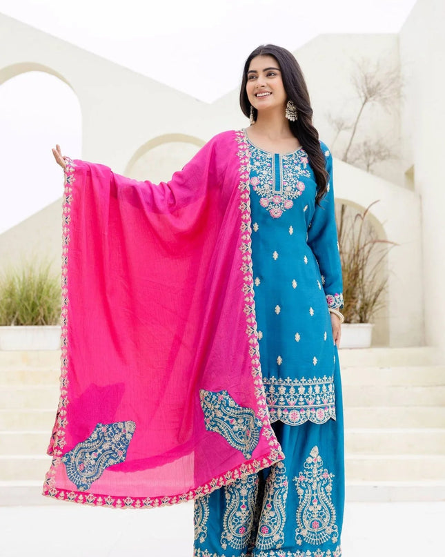 Designer Palazzo Suit Chinon Silk with Embroidery Sequence Work - Rosepetals Luxe