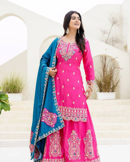Designer Palazzo Suit Chinon Silk with Embroidery Sequence Work - Rosepetals Luxe