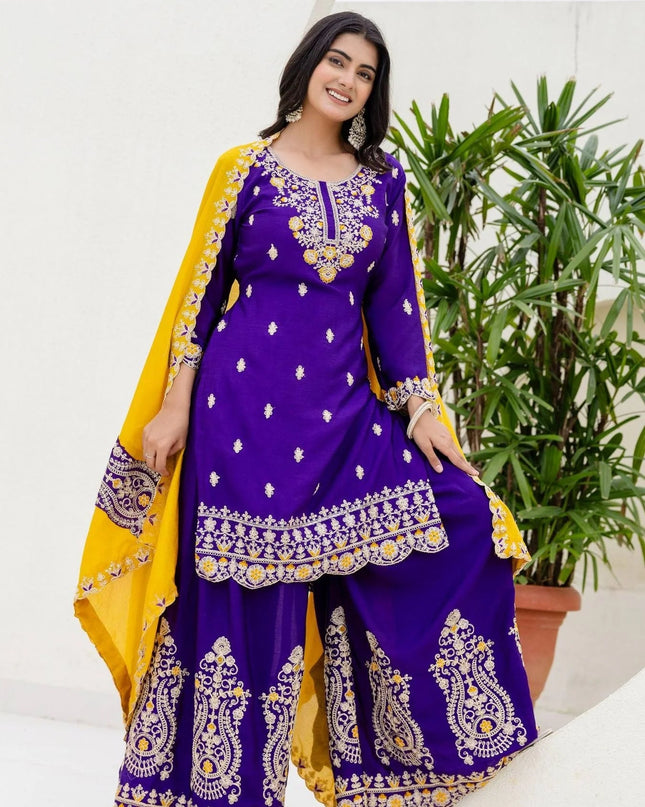 Designer Palazzo Suit Chinon Silk with Embroidery Sequence Work - Rosepetals Luxe