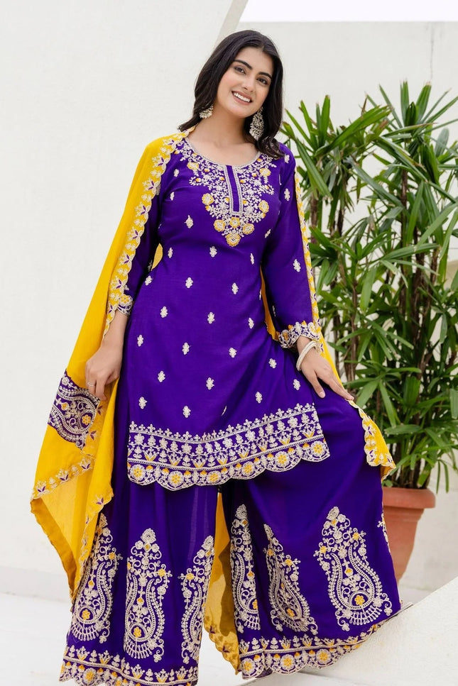 Designer Palazzo Suit Chinon Silk with Embroidery Sequence Work - Rosepetals Luxe