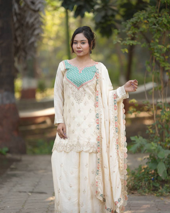 Designer Party Chinon Silk Sharara Suit and Dupatta Set | Embroidery Sequin Mirror Work - Rosepetals Luxe