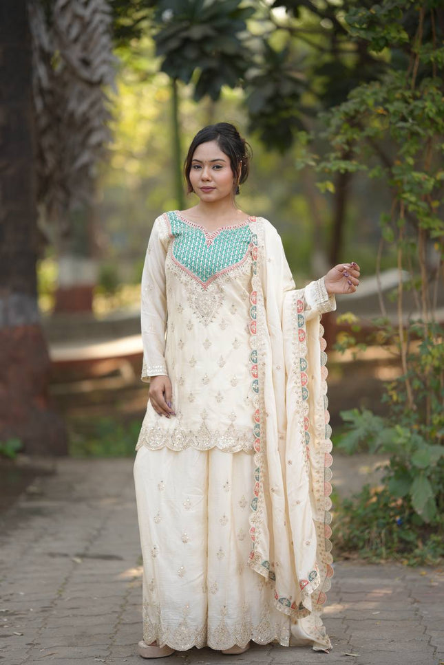 Designer Party Chinon Silk Sharara Suit and Dupatta Set | Embroidery Sequin Mirror Work - Rosepetals Luxe