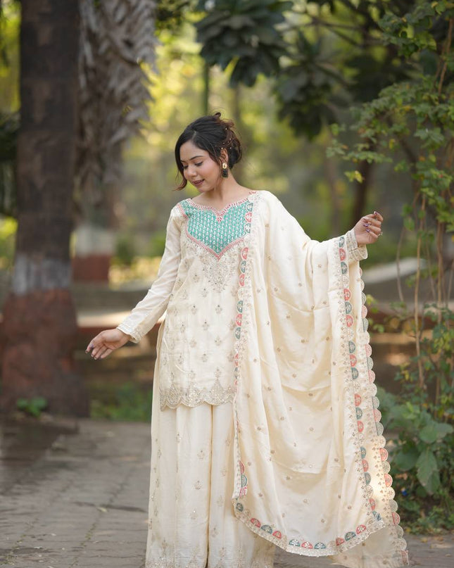 Designer Party Chinon Silk Sharara Suit and Dupatta Set | Embroidery Sequin Mirror Work - Rosepetals Luxe