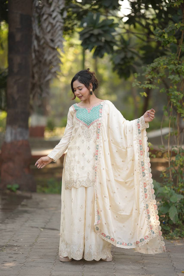 Designer Party Chinon Silk Sharara Suit and Dupatta Set | Embroidery Sequin Mirror Work - Rosepetals Luxe
