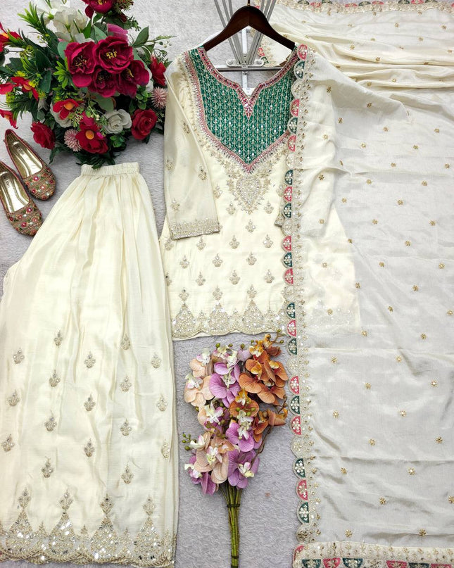 Designer Party Chinon Silk Sharara Suit and Dupatta Set | Embroidery Sequin Mirror Work - Rosepetals Luxe